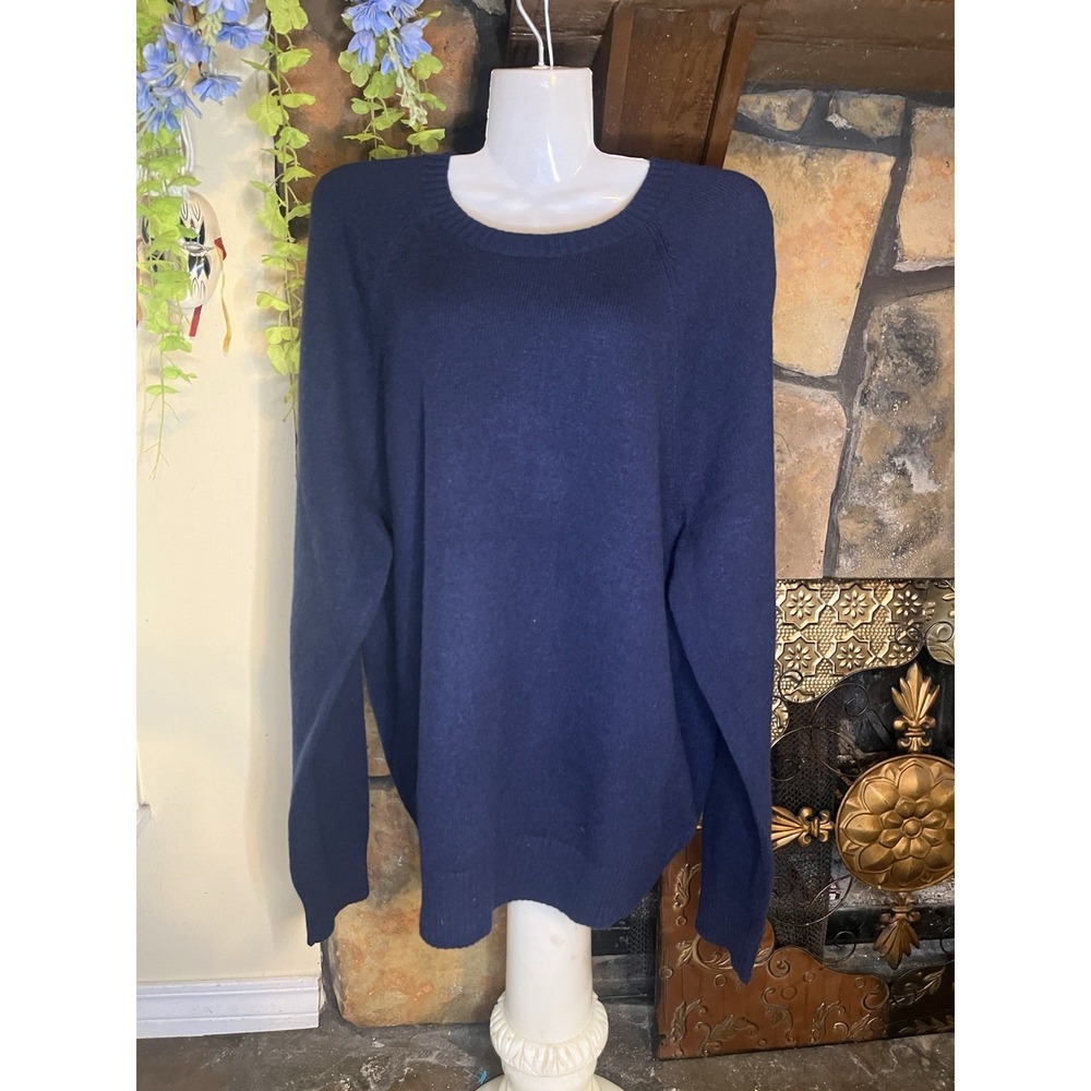 J.CREW L Navy Cashmere Knit Ribbed Trim Crew Neck Raglan Pullover Sweater